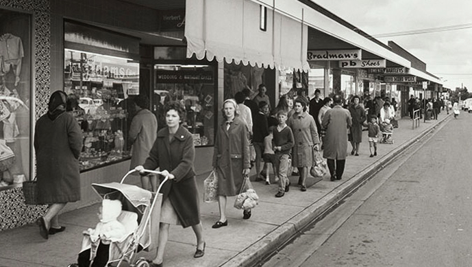 People shopping in Centre Road, Bentleigh. Wolfgang Sievers, 1967. Image courtesy Pictures Collection, State Library of Victoria.