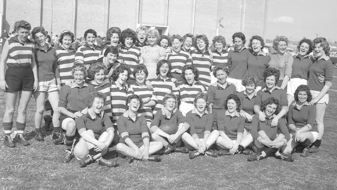 Two Women's football teams from Wills Tobacco Company fundraising for the Children's Hospital, Virginia Park, East Bentleigh. Moorabin News, 1961. Image courtesy: Leader Collection, City of Kingston.